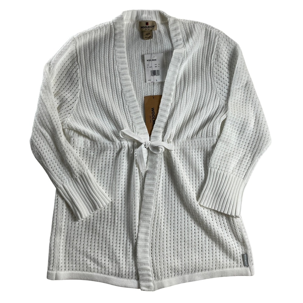 Woolrich White Open Knit Tie Front Cardigan Sweater 3/4 Sleeve L NWT